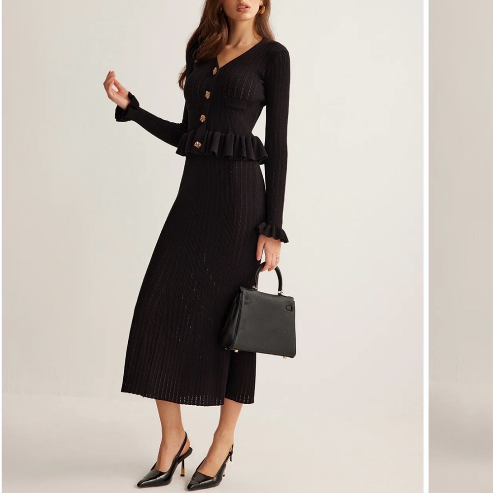 Commense Black Ribbed Midi Dress with Peplum Cardigan